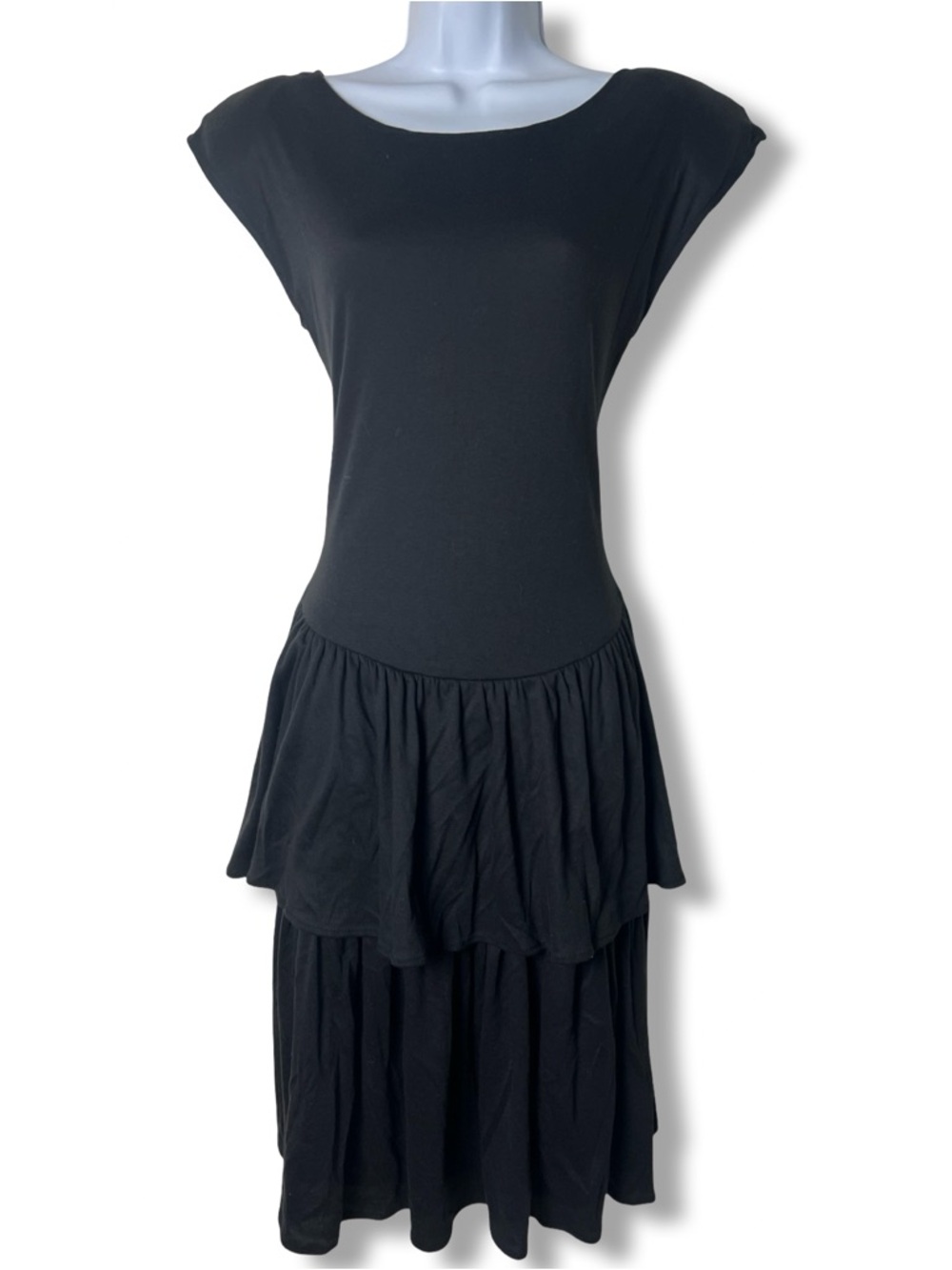 VTG 90s Timely Trends Black Drop Waist Tiered Ruffle Cap Sleeve Midi Dress 11/12